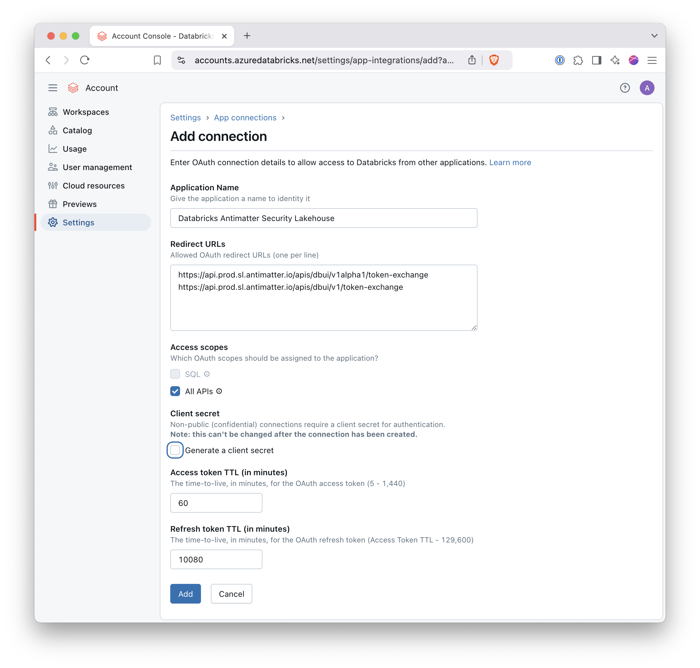 Azure Add Connection